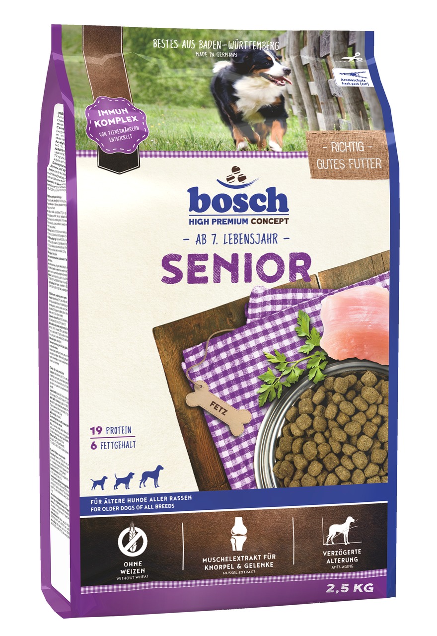 Das Bild zeigt eine 2,5-kg-Packung Bosch High Premium Concept Senior Hundefutter, geeignet für ältere Hunde ab dem 7. Lebensjahr. Die Geschmacksrichtung ist nicht explizit angegeben, jedoch enthält das Futter Muschelextrakt für Knorpel und Gelenke, ist we