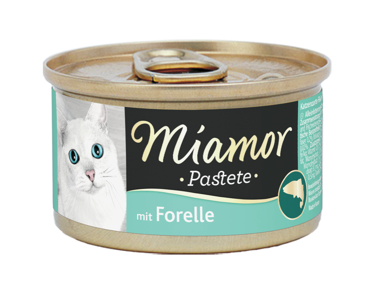 Das Bild zeigt eine Verpackung des Katzenfutters der Marke Miamor. Es handelt sich um ein Produkt für Katzen, das speziell auf ihre Bedürfnisse abgestimmt ist. Die Geschmacksrichtung ist auf dem Bild nicht erkennbar. Die Verpackung enthält eine Menge, die