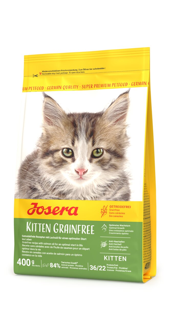 Josera Kitten Grainfree Katzenfutter für Kitten, mit Lachs, getreidefrei, anti hairball, 400 g Packung.