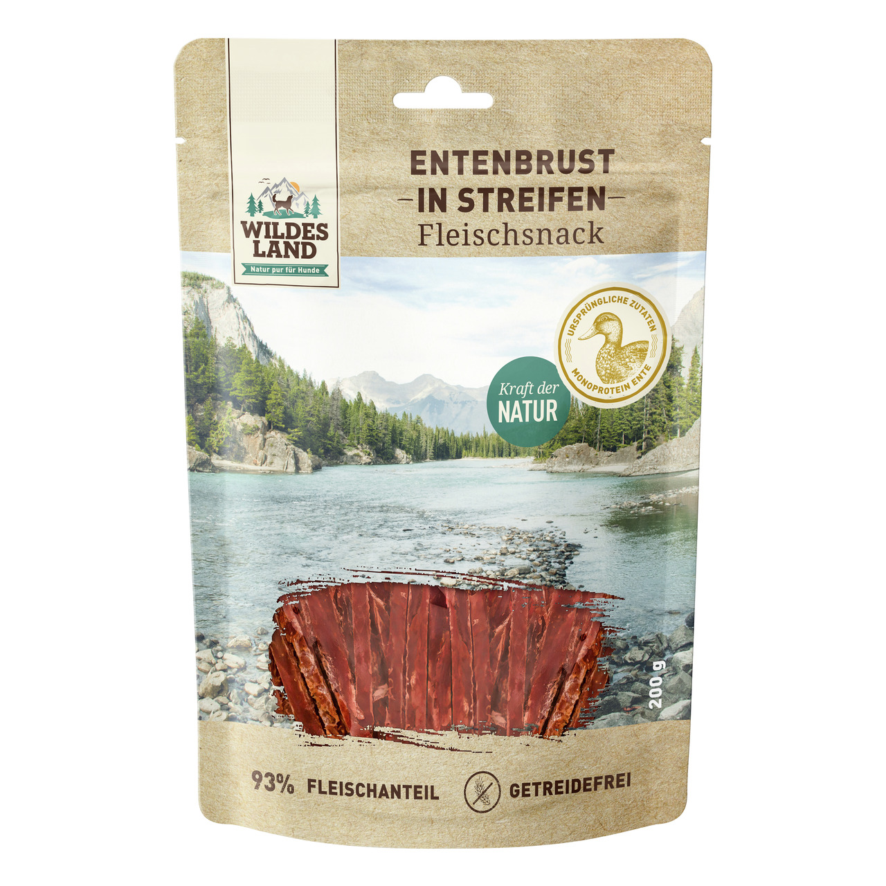 Wildes Land Entenbrust-Streifen, Fleischsnack für Hunde, 93 % Fleisch, getreidefrei, 200 g, „Kraft der Natur“.