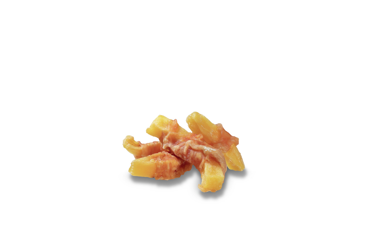 Das Bild zeigt PREMIERE Snack Hühnerbrust mit Ananas, einen hochwertigen Hundesnack. Zielgruppe sind Hunde. Der Snack kombiniert zarte Hühnerbrust mit fruchtiger Ananas, ideal als Belohnung oder Zwischenmahlzeit. Verpackungsmenge: 100 g. Geeignet für eine