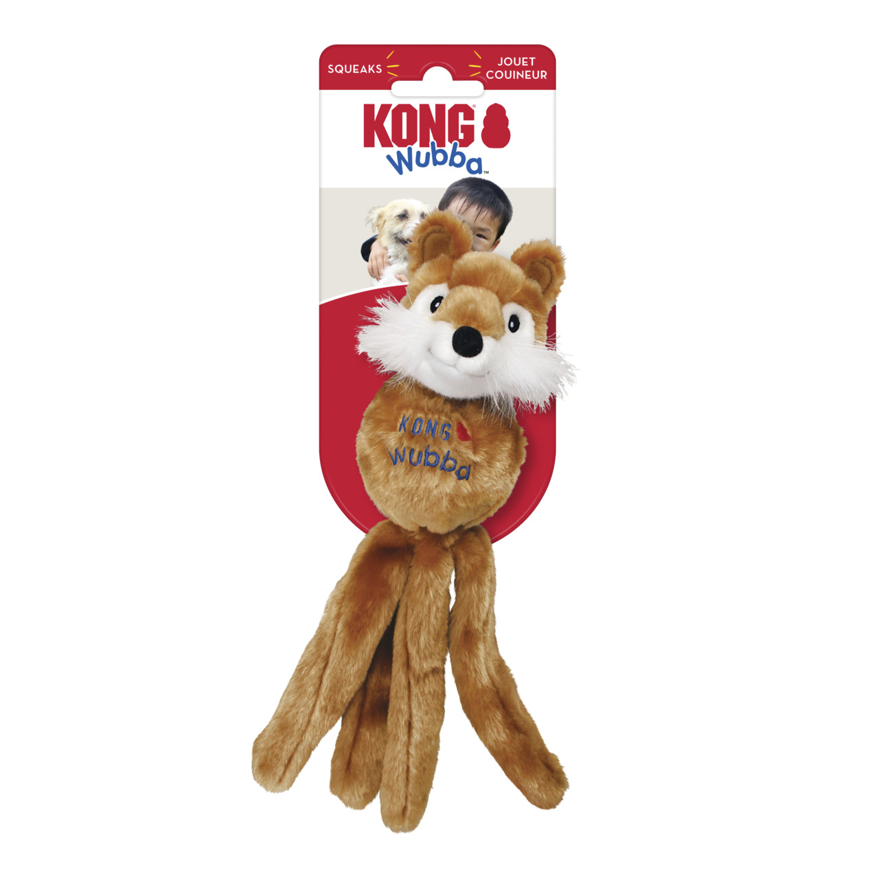 KONG Wubba Hundespielzeug, Fuchs, mit Quietschfunktion & weichen Anhängern, ideal für interaktives Spielen & Kauen.