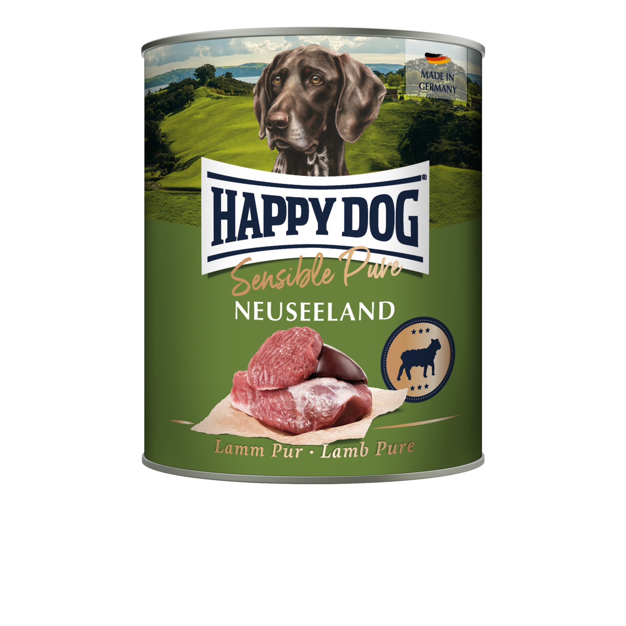 Happy Dog Sensible Pure Neuseeland, Hunde, Lamm pur, „Made in Germany“, 400 g, frische Fleischstücke abgebildet.