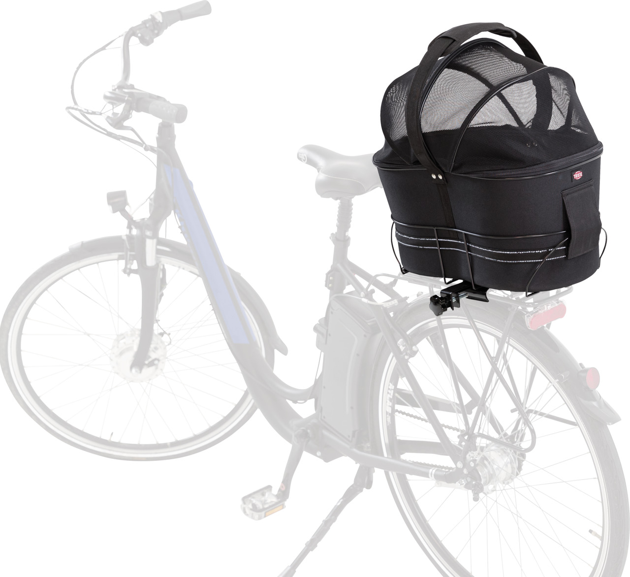 Das Bild zeigt die TRIXIE Fahrrad-Transporttasche für Haustiere, geeignet für kleine Hunde und Katzen. Die Tasche ist schwarz, mit reflektierenden Streifen und einem Netzaufsatz für Belüftung und Sicherheit. Sie wird am Gepäckträger eines Fahrrads befesti