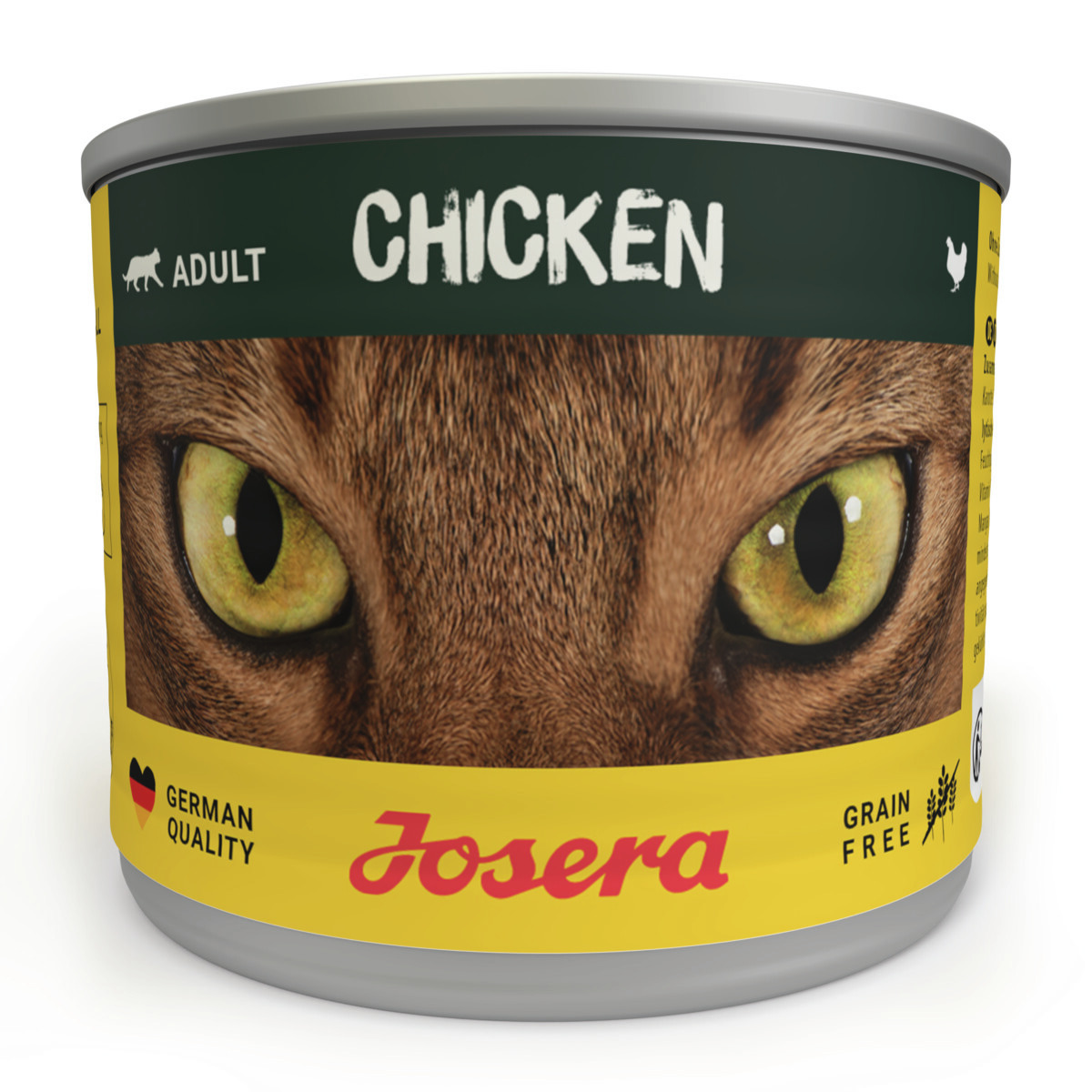 Josera Katzenfutter Adult, Huhn, getreidefrei, German Quality, für ausgewachsene Katzen, gelb-grüne Dose mit Katzenaugen.