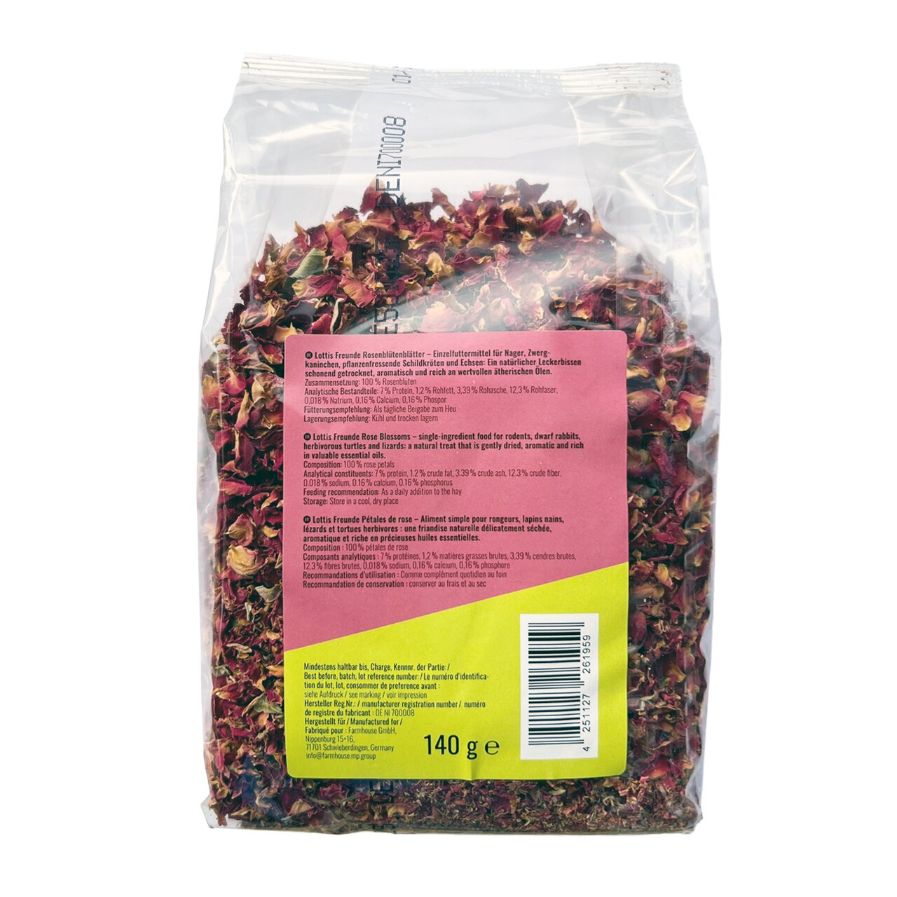 Lottis Freunde Rosenblütenblätter Einzelfuttermittel für Nager und Kaninchen, aromatische Blüten, 140 g, Rückseite der Packung