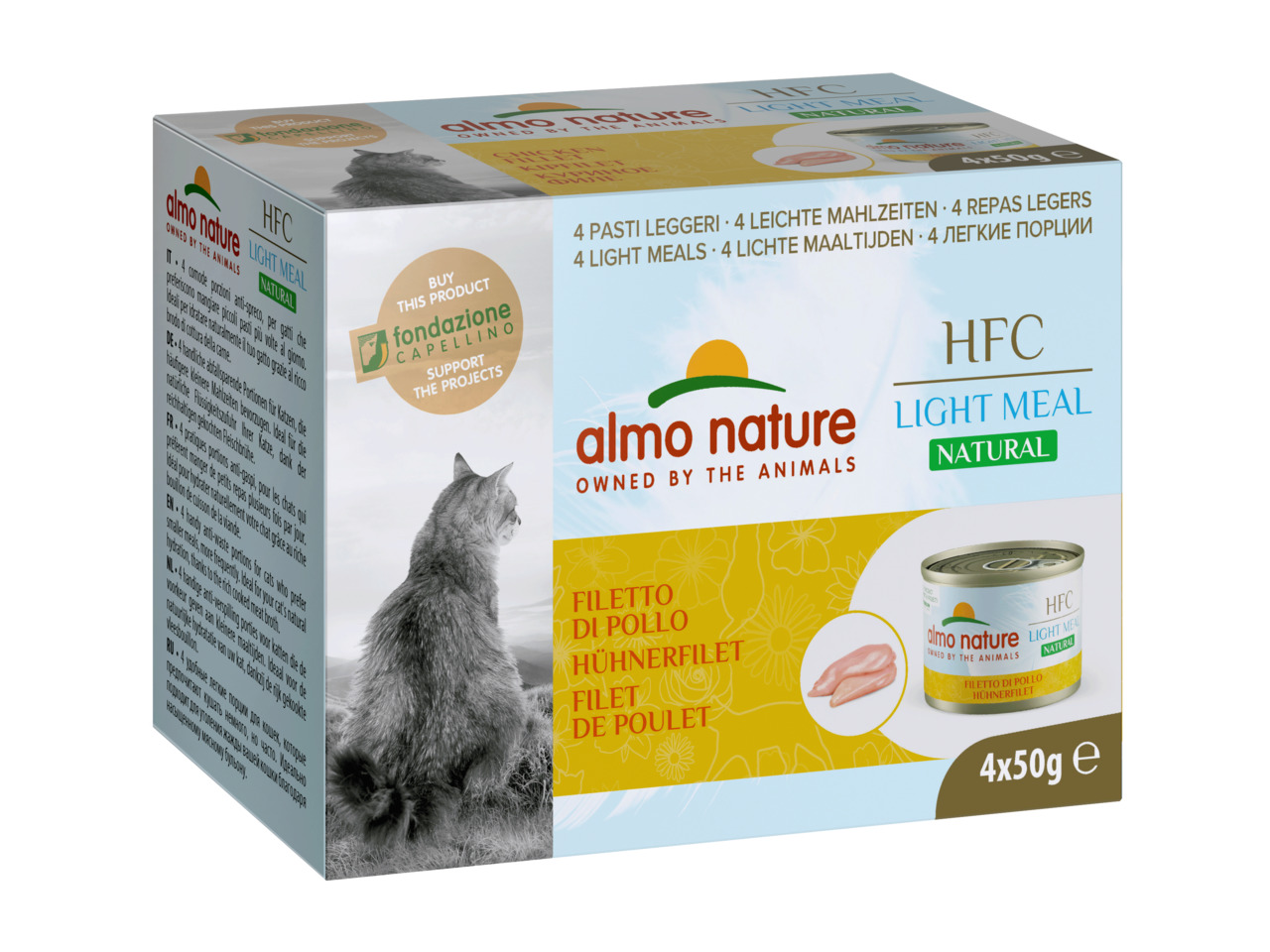 Das Bild zeigt eine Verpackung des Katzenfutters „Almo Nature HFC Light Meal Natural“ mit der Geschmacksrichtung Hühnerfilet. Die Zielgruppe sind Katzen. Die Packung enthält 4 Dosen à 50 g. Auf der Verpackung ist ein sitzender grauer Katze abgebildet. Unt