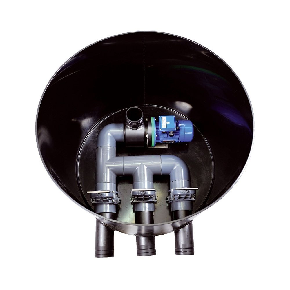 Das Produkt ist ein technisches Gerät mit blauer elektrischer Pumpe, 3 Anschlüssen, integriert in schwarzen Behälter, für Industrie geeignet.