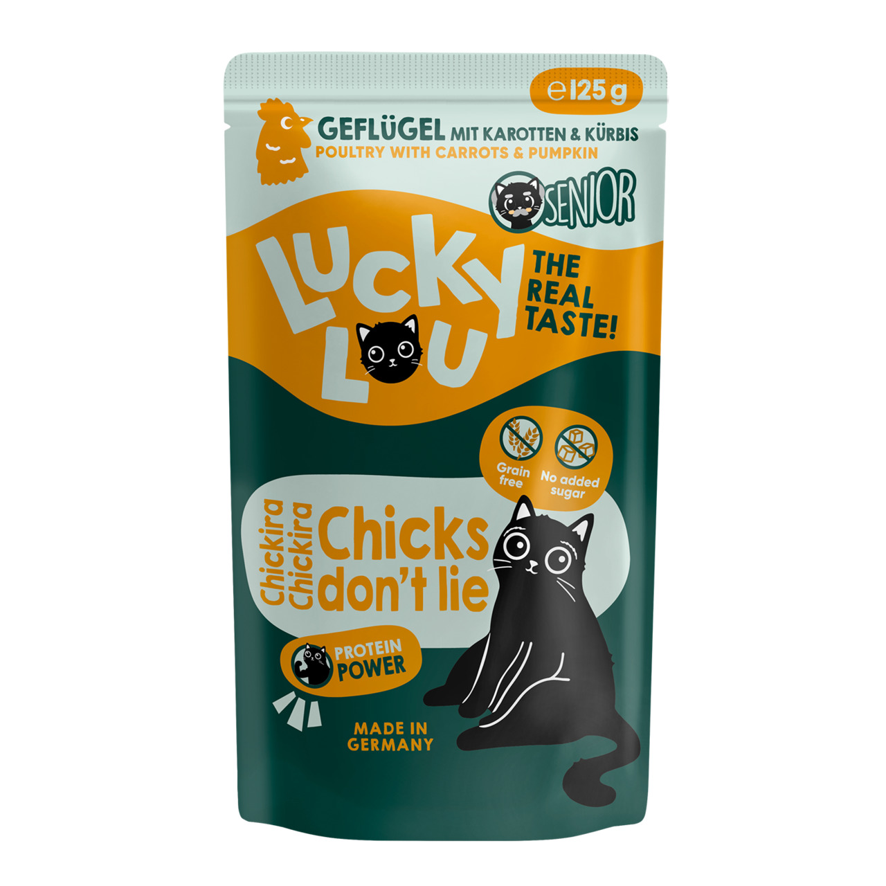 Das Bild zeigt eine Verpackung des Katzenfutters „Lucky Lou Senior“ mit Geflügel, Karotten und Kürbis. Zielgruppe sind ältere Katzen. Die Geschmacksrichtung ist Geflügel. Die Verpackung enthält 125 g und hebt hervor, dass das Produkt getreidefrei ist, kei