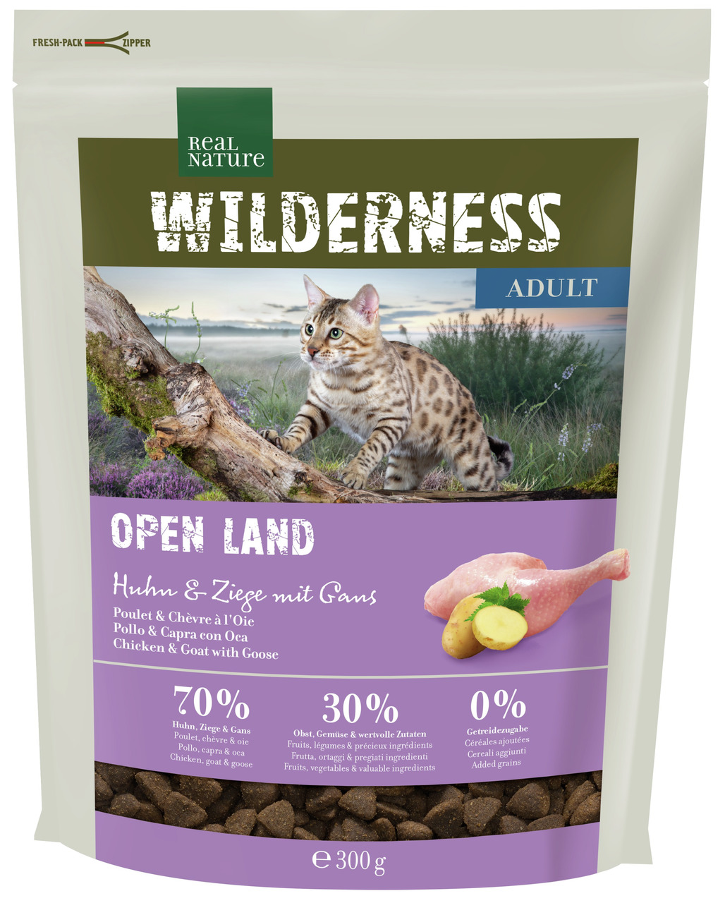 REAL NATURE WILDERNESS OPEN LAND Katzenfutter, Huhn/Ziege/Gans, 300 g, 70 % tierische Zutaten, 30 % Obst/Gemüse, 0 % Getreide.