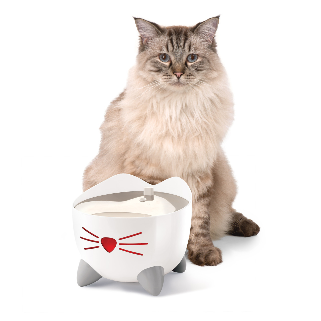 Das Bild zeigt einen flauschigen, hellbraunen Kater mit dunklen Streifen, der neben einem weißen Trinkbrunnen der Marke Catit sitzt. Der Trinkbrunnen ist speziell für Katzen konzipiert, hat ein niedliches Design mit Katzenohren, roten Schnurrhaaren und ei