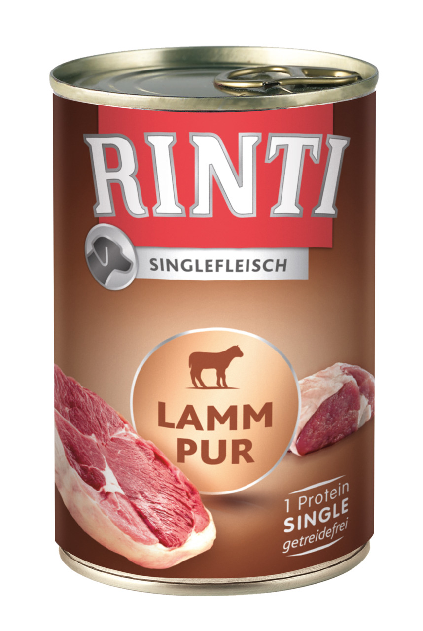 RINTI Singlefleisch Lamm Pur, Nassfutter f. Hunde, getreidefrei, 1 Proteinquelle, Lamm, 400 g, f. ernährungssensible Hunde.