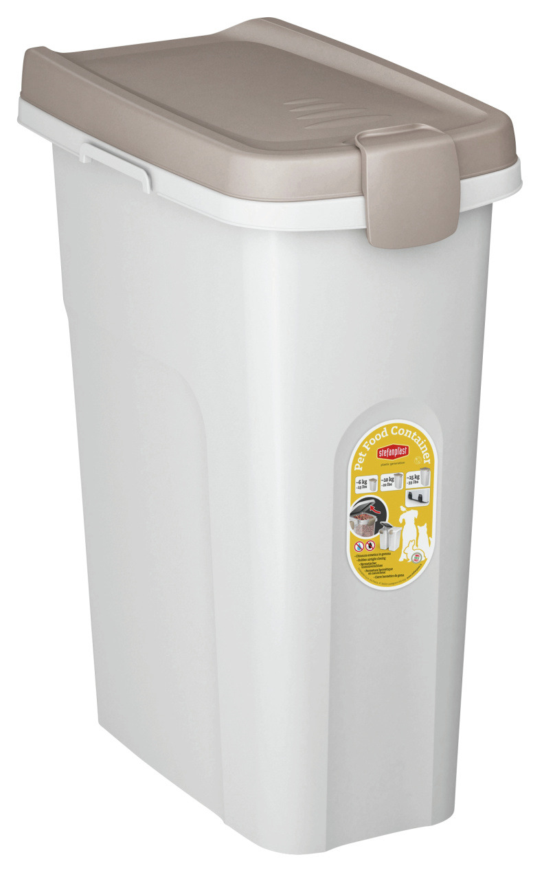 Stefanplast Futterbehälter, 25L, für Tierfutter, weiß/beige, mit Etikett u. Illustrationen zur Nutzung.