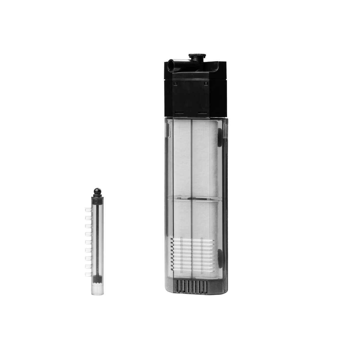 Schwarzer Aquarium-Filter mit transparentem Behälter und separatem Ersatzteil. Geeignet für Süß- und Meerwasseraquarien.