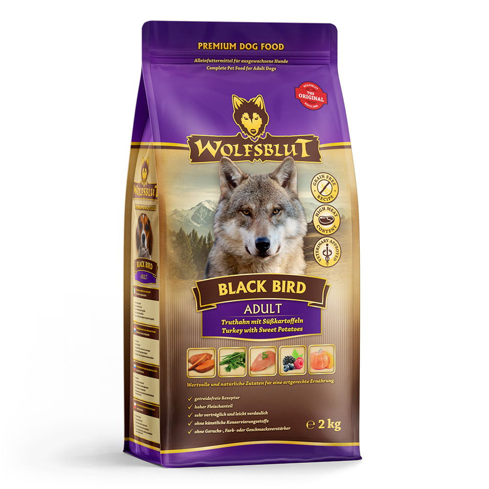 Wolfsblut Black Bird Adult, Truthahn & Süßkartoffeln, 2 kg, getreidefreies Premium-Trockenfutter für ausgewachsene Hunde, hohe Verträglichkeit.