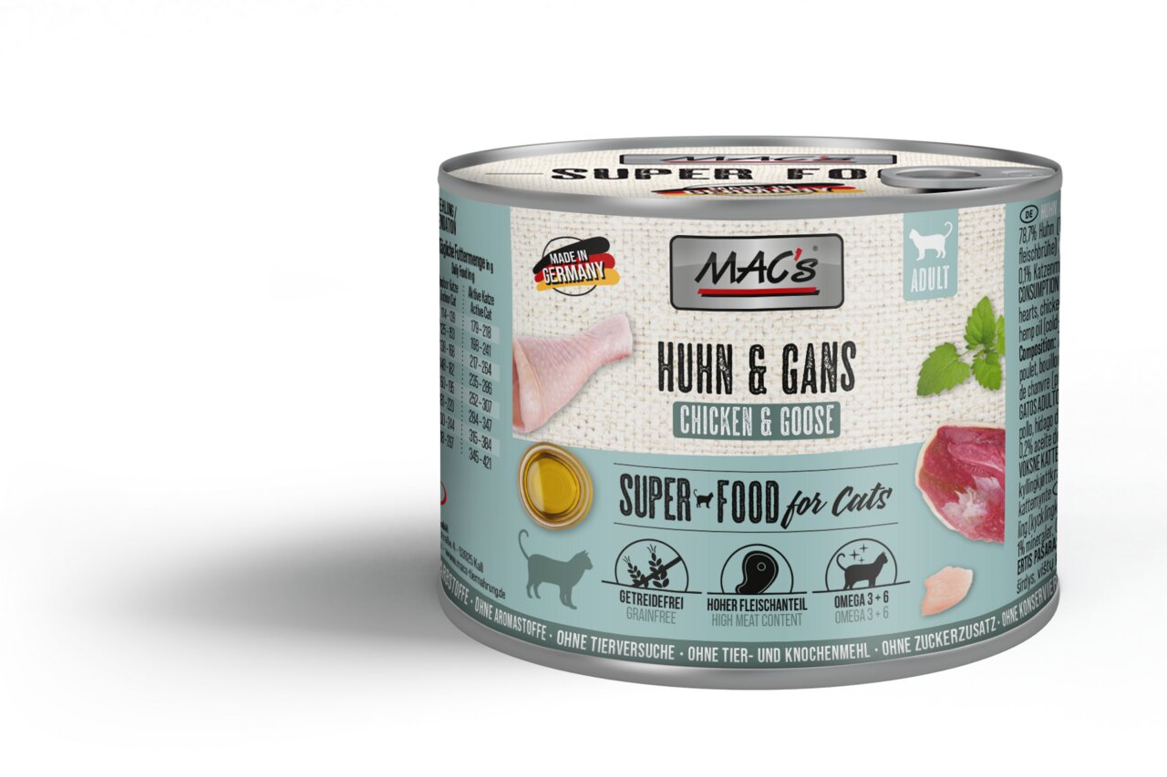 MAC's Huhn & Gans Superfood für Katzen, Adult, getreidefrei, hoher Fleischanteil, Omega 3+6, 200 g – Geschmacksrichtung Huhn-Gans.