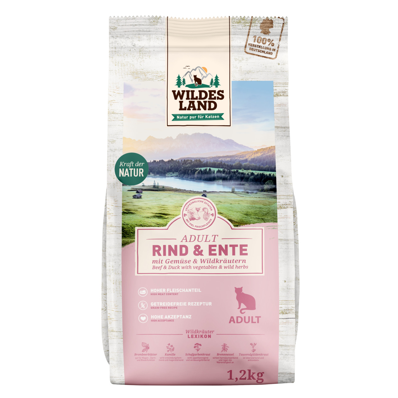 Wildes Land Katzenfutter Adult, Rind & Ente mit Gemüse & Wildkräutern, 1,2 kg, getreidefrei, hoher Fleischanteil, aus Deutschland.
