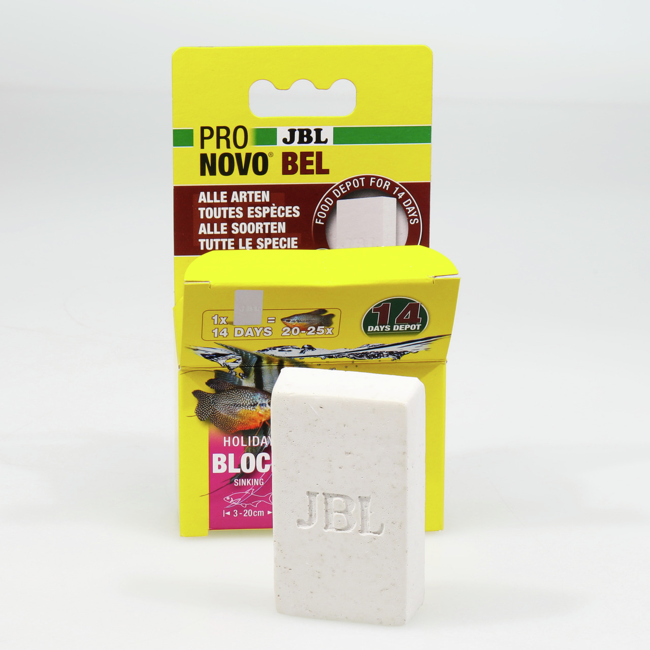 JBL ProNovo Bel Holiday Block, Futterblock für alle Aquarienfische, 14 Tage Versorgung, weiß, rechteckig, JBL-Logo, gelbe Verpackung.