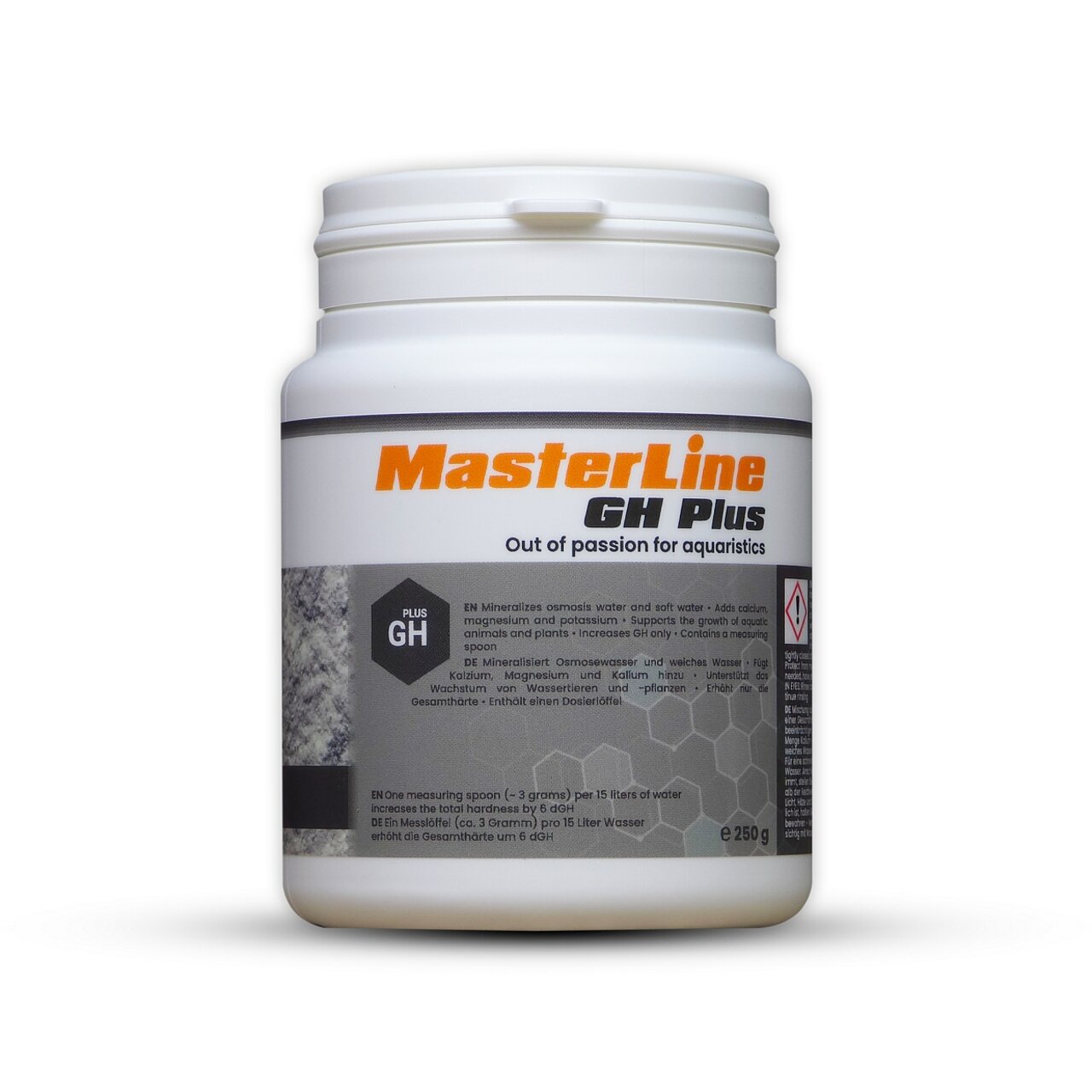 MasterLine GH Plus für Aquaristik, erhöht Wasserhärte mit Kalzium, Magnesium, Kalium, 250 g Dose, inkl. Dosierlöffel.