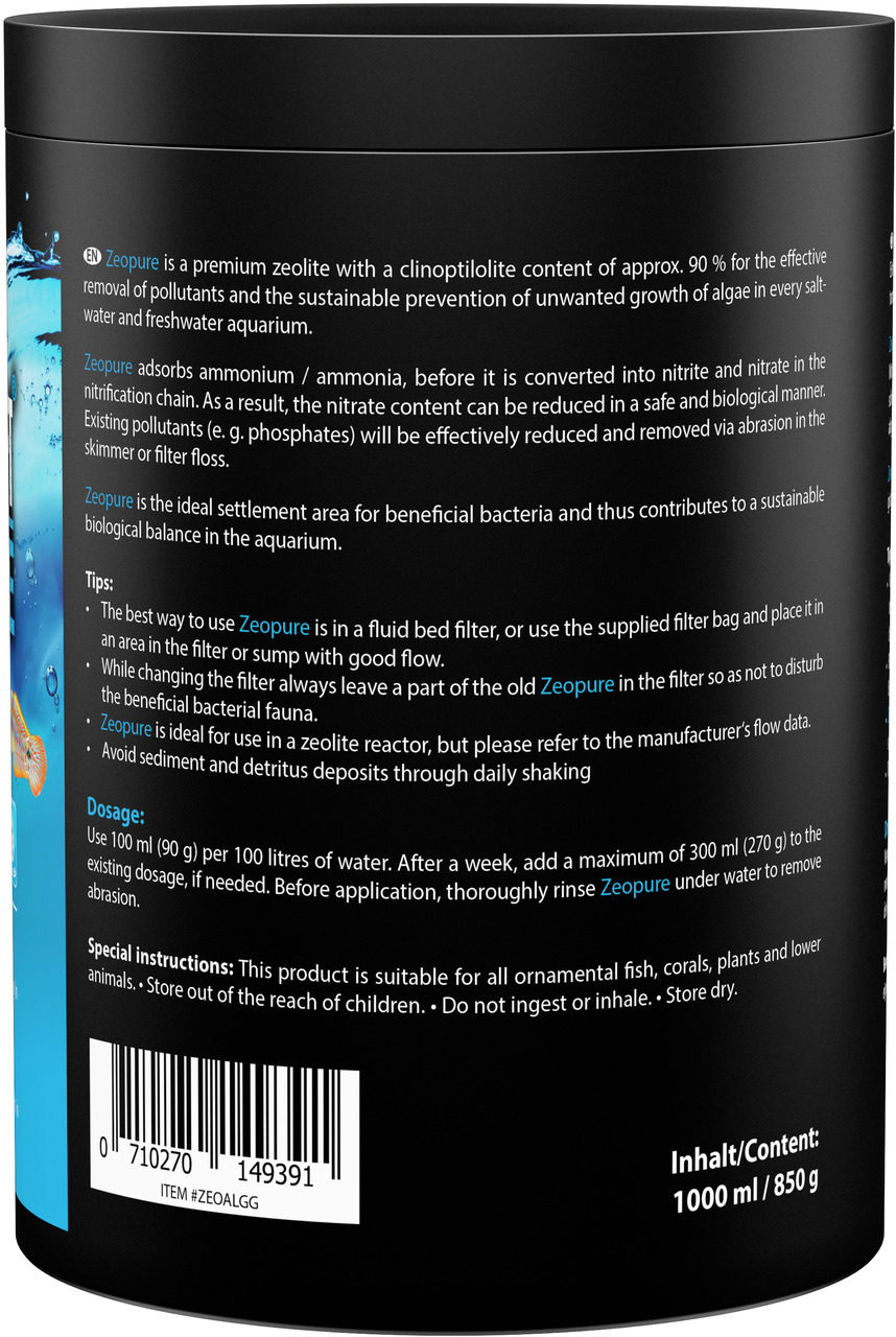 Das Bild zeigt das Produkt "MICROBE-LIFT Zeopure", ein hochwertiges Zeolith mit einem Klinoptilolith-Gehalt von ca. 90 %. Es ist für Aquarien geeignet und dient der Entfernung von Schadstoffen sowie der nachhaltigen Algenprävention. Zielgruppe sind Besitz