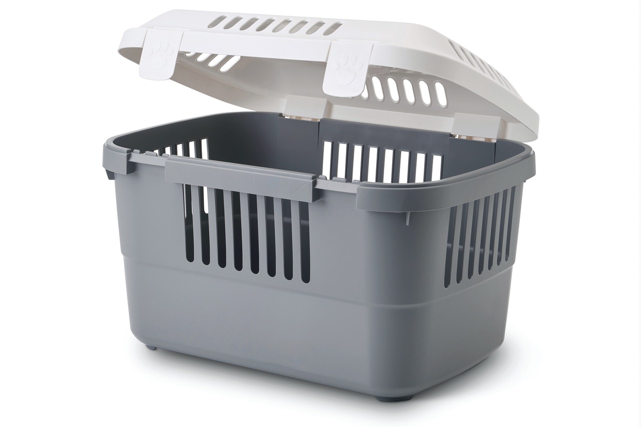 Transportbox SAVIC Zephos 2 Open, für Katzen & kl. Hunde, grau-weiß, klappbarer Deckel, Lüftungsschlitze, Pfoten-Design.