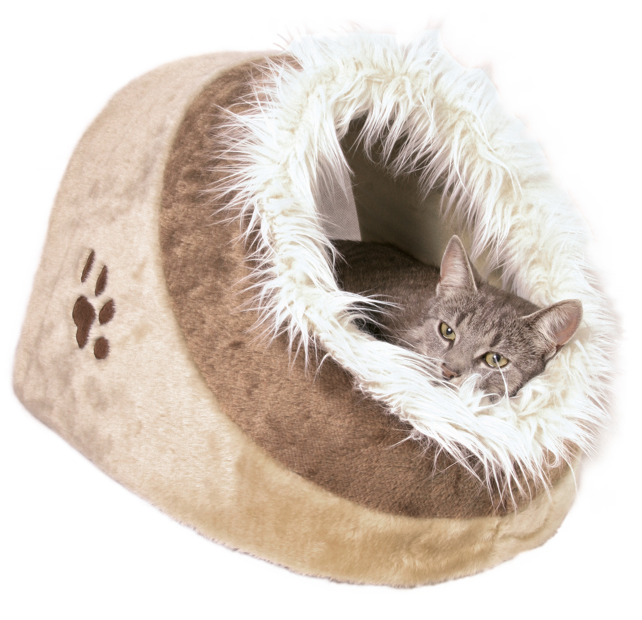 Katzenbett TRIXIE 4011905036281, beige-braun, Höhlenform, flauschiger Rand, Pfotenstickerei, Komfort & Wärme, ideal für alle Katzen.