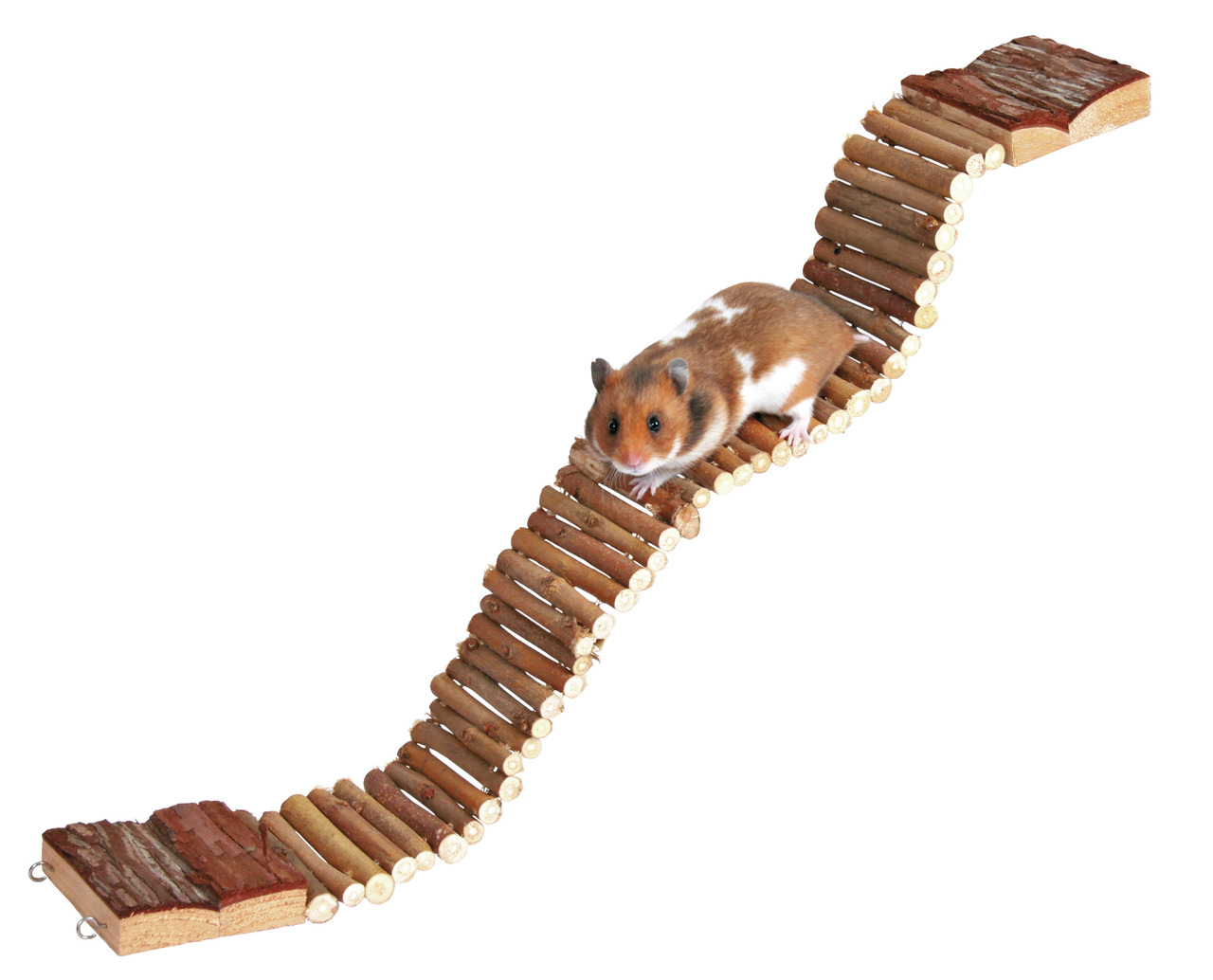 Das Bild zeigt eine flexible Holzbrücke der Marke TRIXIE, geeignet für Kleintiere wie Hamster. Die Brücke besteht aus natürlichen Holzstäben und ist ideal für Kletter- und Spielaktivitäten. Sie fördert die Bewegung und bietet eine abwechslungsreiche Gesta