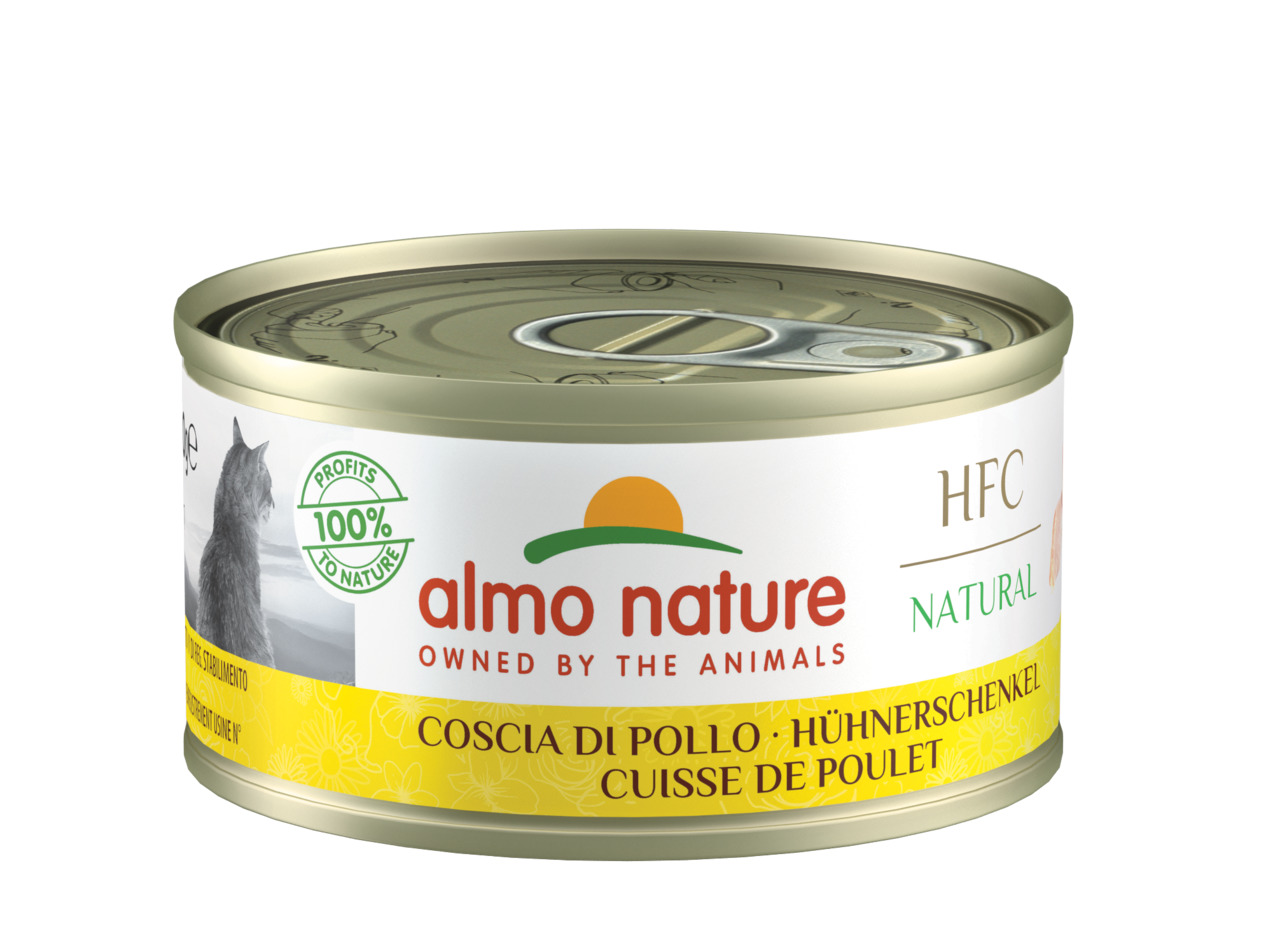 Almo Nature HFC Natural, Katzen, Hühnerschenkel, 100 % natürliche Zutaten, nachhaltig, 70 g, „Owned by the Animals“.