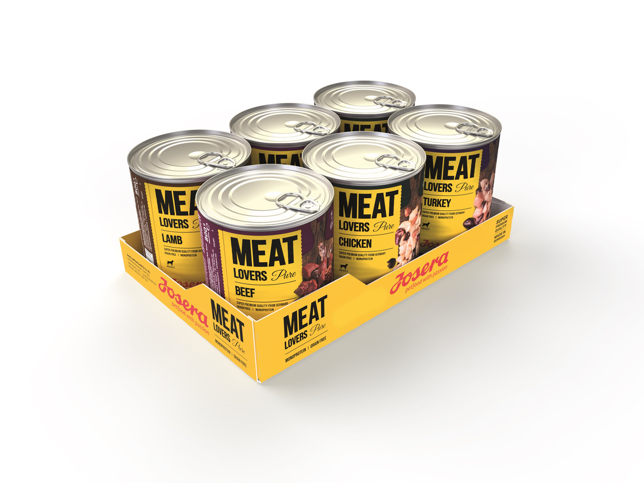 6 Dosen Josera Meat Lovers Pure Nassfutter f. Hunde, Sorten Rind, Huhn, Lamm, Truthahn, 400 g-Dose, getreidefrei, hoher Fleischanteil.