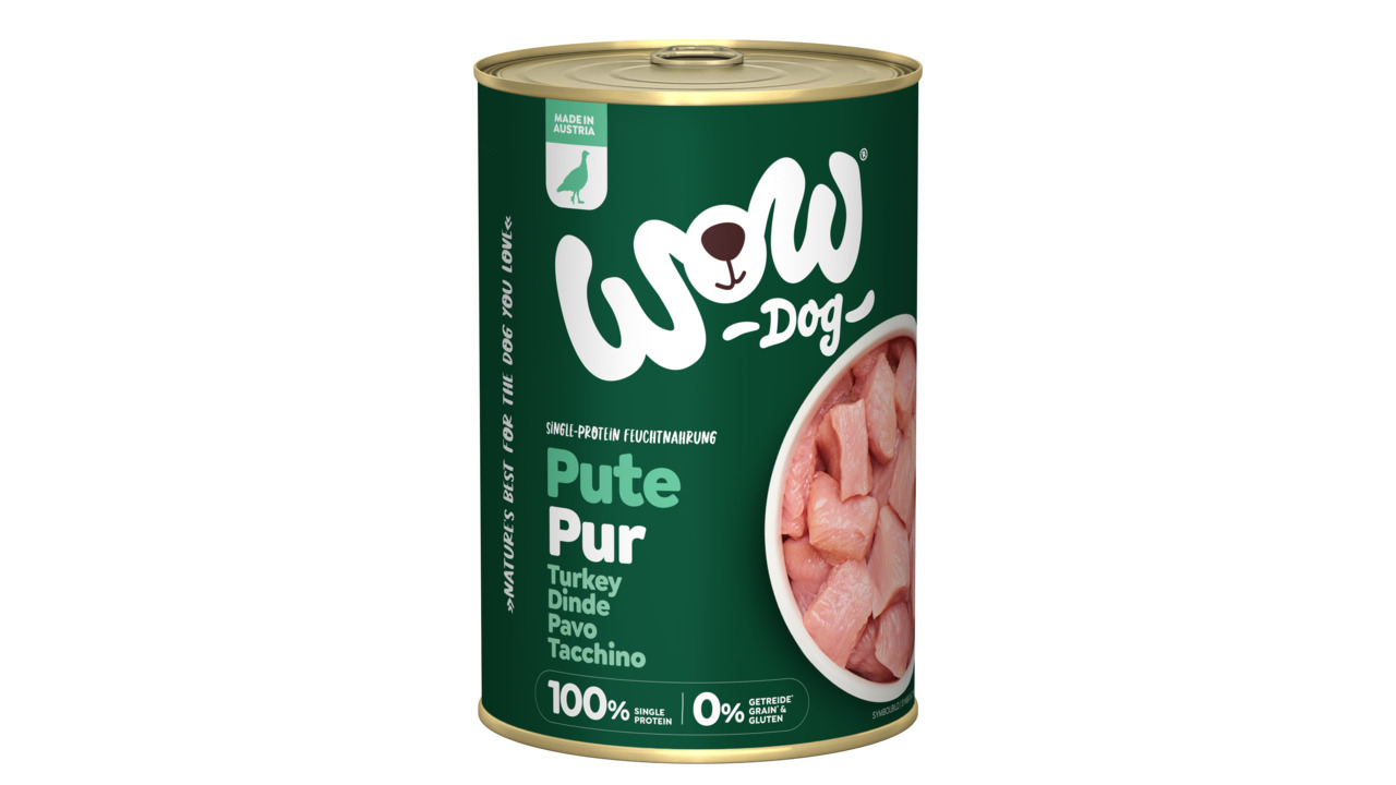 Das Bild zeigt eine grüne Dose des Hundefutters „WOW DOG Pute Pur“ der Marke WOW DOG. Es handelt sich um ein Single-Protein-Feuchtfutter für Hunde, das ausschließlich Pute enthält. Die Geschmacksrichtung ist Pute, und die Menge beträgt 400 g. Die Dose trä