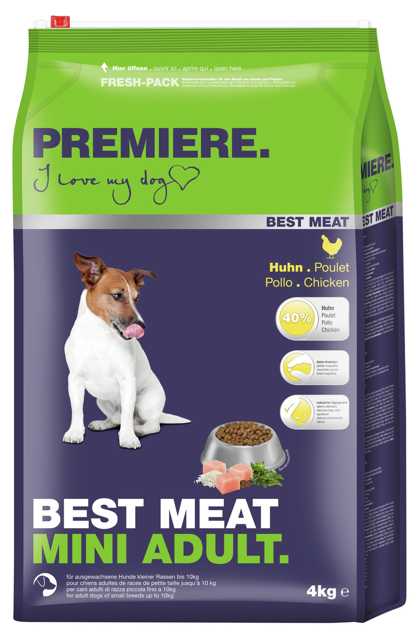 Das Bild zeigt eine grüne und violette Verpackung des Hundefutters „PREMIERE Best Meat Mini Adult“ mit Huhn-Geschmack. Es ist speziell für ausgewachsene Hunde kleiner Rassen bis 10 kg geeignet. Die Verpackung enthält 4 kg Futter und hebt 40 % frisches Huh