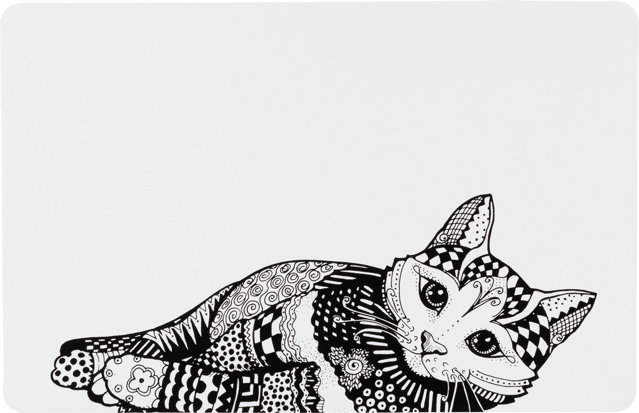 Das Bild zeigt eine TRIXIE Napfunterlage mit einem kunstvollen, schwarz-weißen Katzenmotiv. Die Unterlage ist für Katzenbesitzer geeignet und schützt den Boden vor Futter- und Wasserspritzern. Sie besteht aus leicht zu reinigendem Material und misst ca. 4