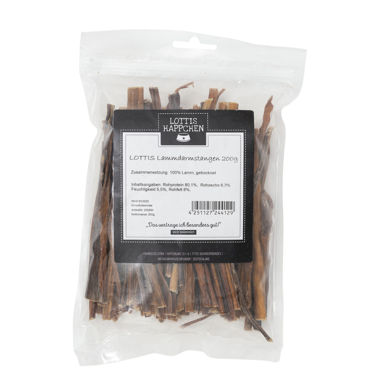 LOTTIS Häppchen Lammdarmstangen für Hunde, 200 g, 100 % getr. Lamm, Geschm.: Lamm. Slogan: „Das vertrage ich besonders gut!“