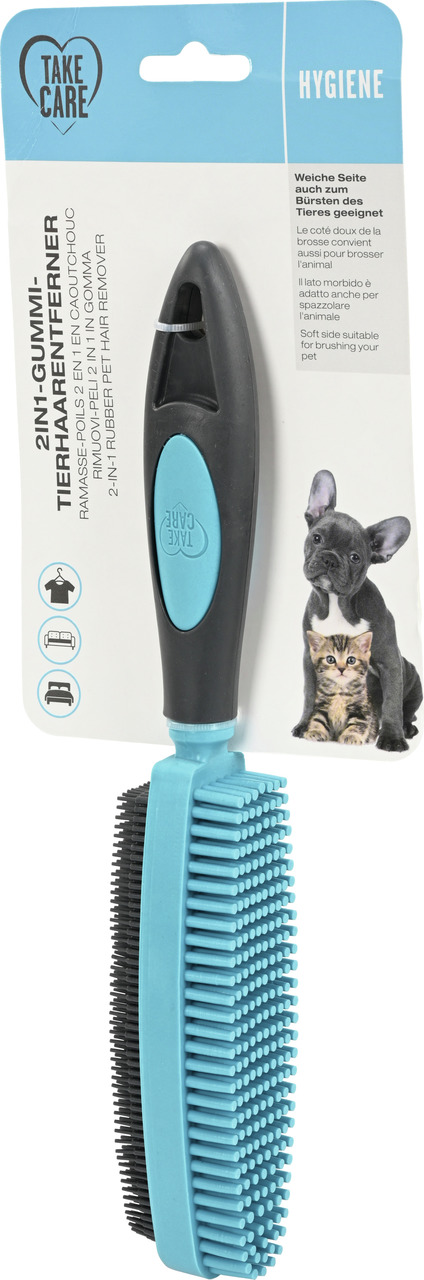 Take Care 2in1 Gummi-Tierhaarentferner, für Hunde & Katzen, schwarz-blau, weiche Seite zum Bürsten, Pflegeprodukt für Haustiere.