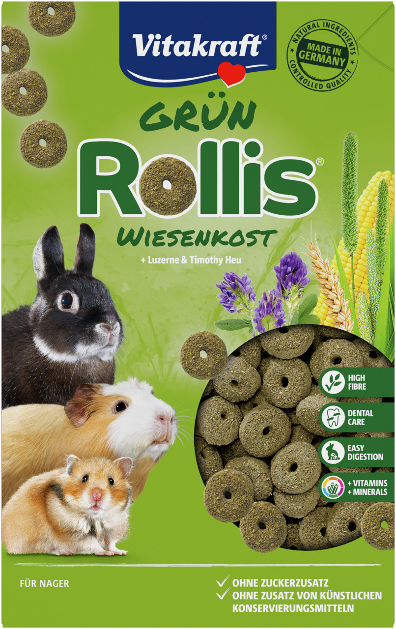 Vitakraft Grün Rollis Wiesenkost, Nager, Luzerne+Timothy-Heu, Ballaststoffe, Zahnpflege, Verdauung, Vitamine, 500g, Made in Germany.