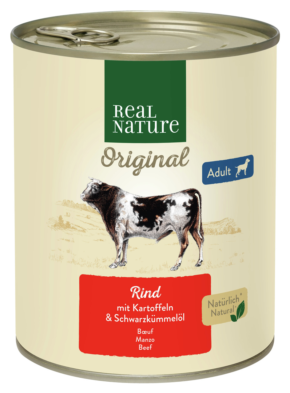 REAL NATURE Original Rind mit Kartoffeln & Schwarzkümmelöl, für ausgewachsene Hunde, 800 g, „Natürlich Natural“.