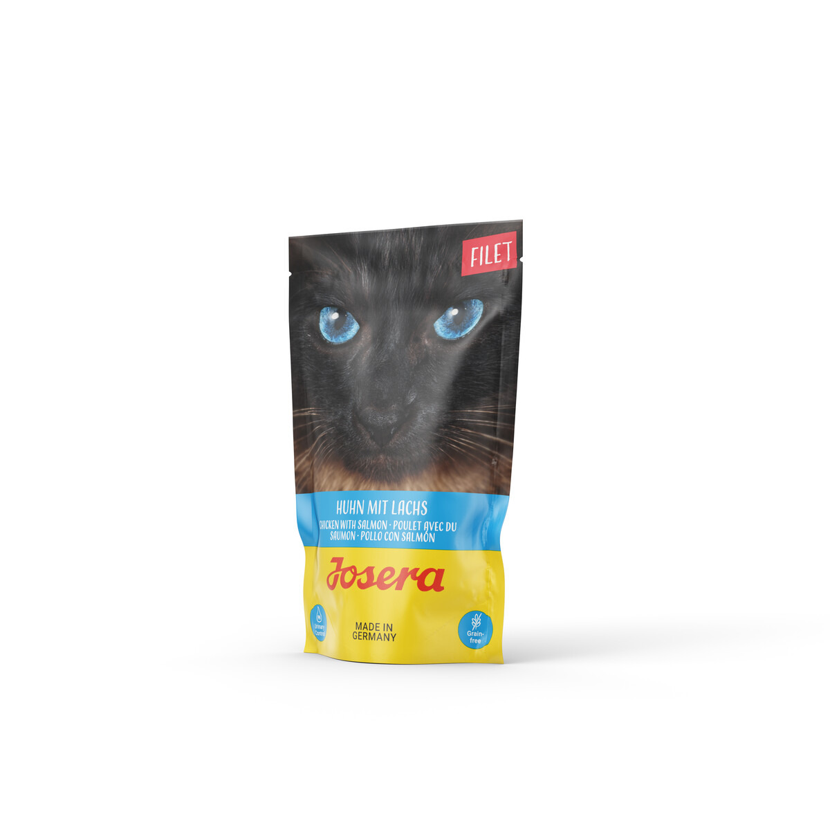Josera Filet Huhn+Lachs, Katzen, glutenfrei, Made in Germany, 85g, schwarzer Katzenkopf mit blauen Augen.