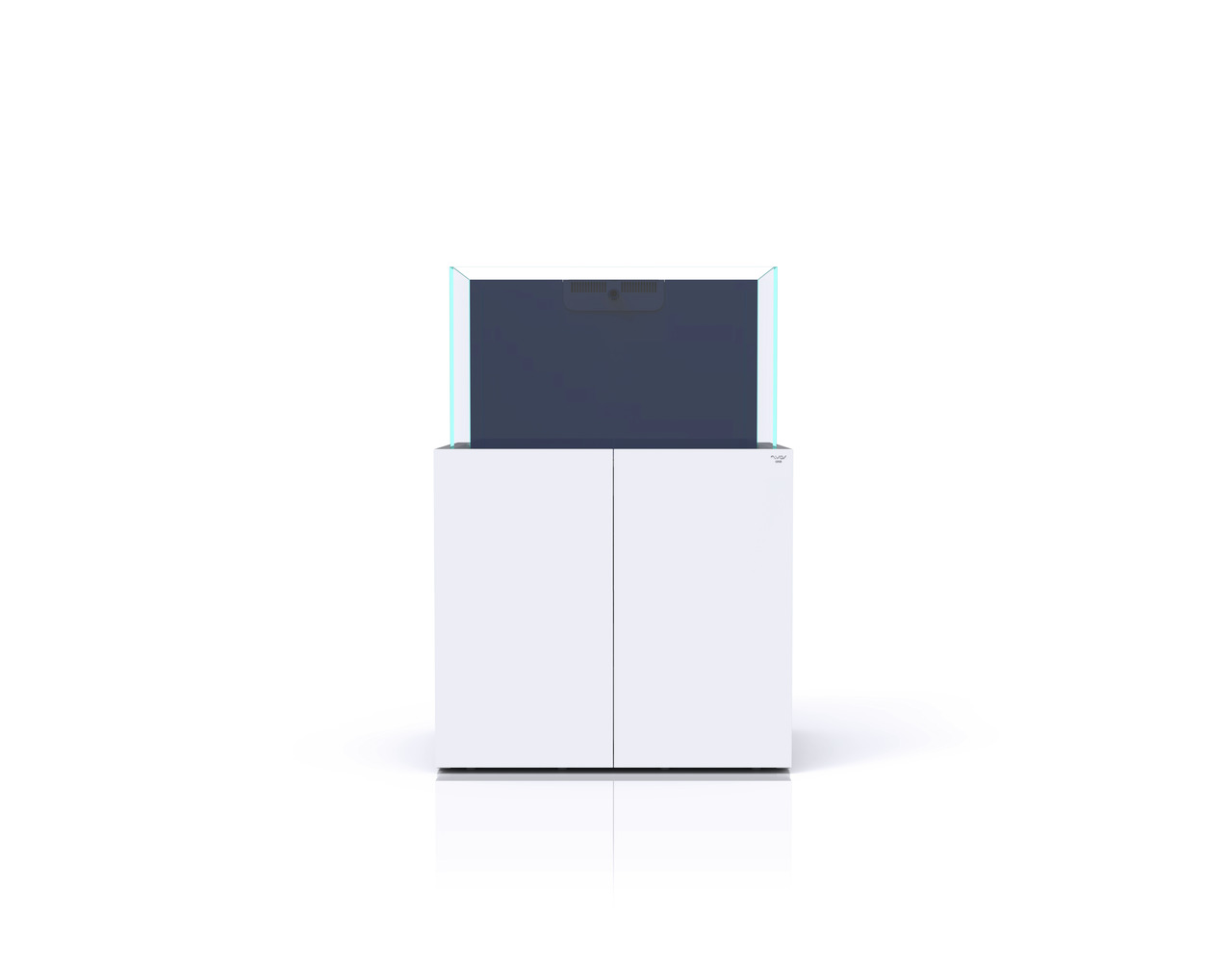Nyos Opus 300 Aquarium: Meerwasseraquarium, weißer Unterschrank, glasklares Glas, transparente Silikonnähte, 300L, modern, minimalistisch.