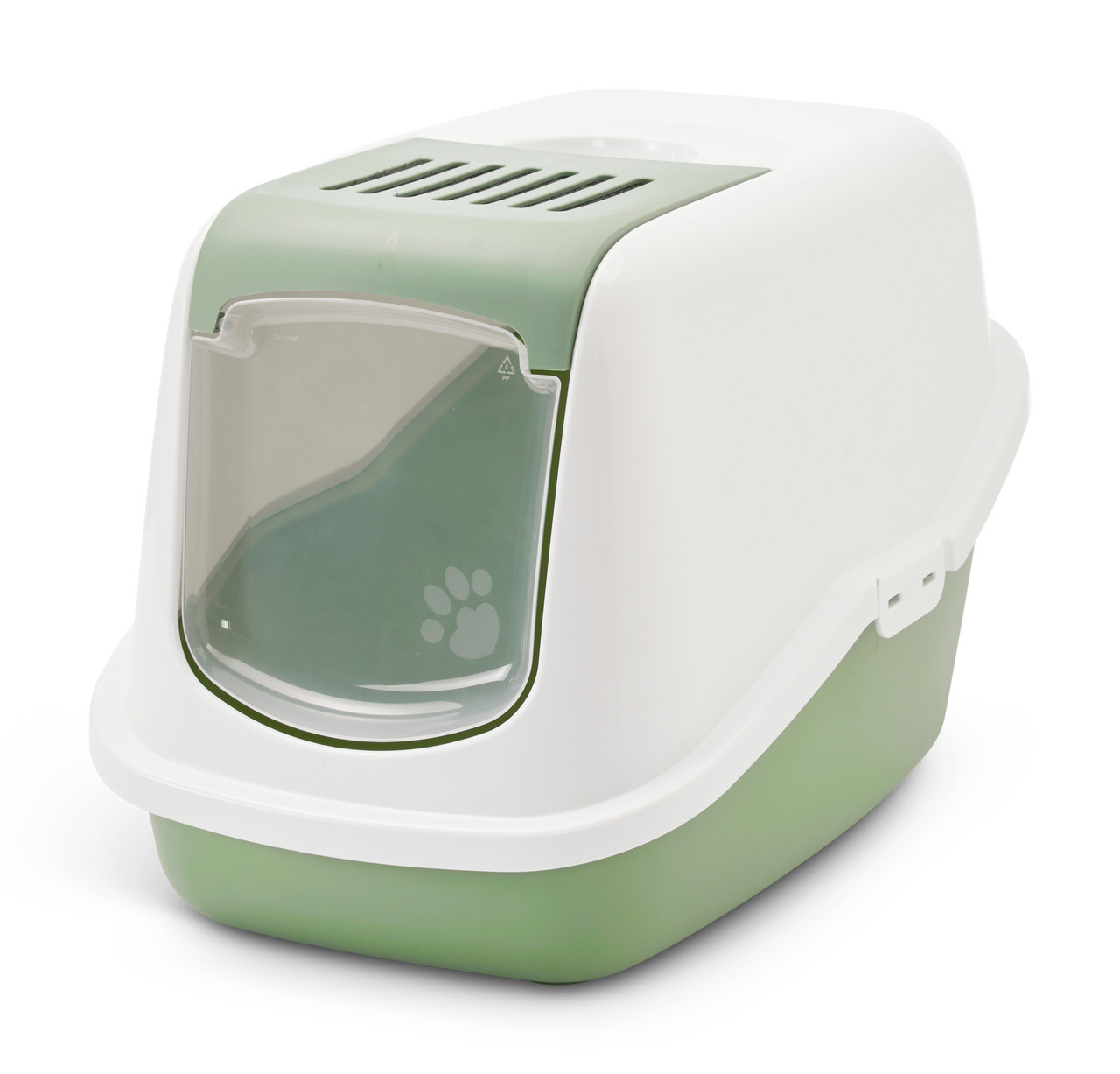SAVIC Hop In Katzentoilette, geschlossen, Weiß/Grün, für Katzen aller Größen, Einstieg oben, minimiert Streuverlust, hygienisch.