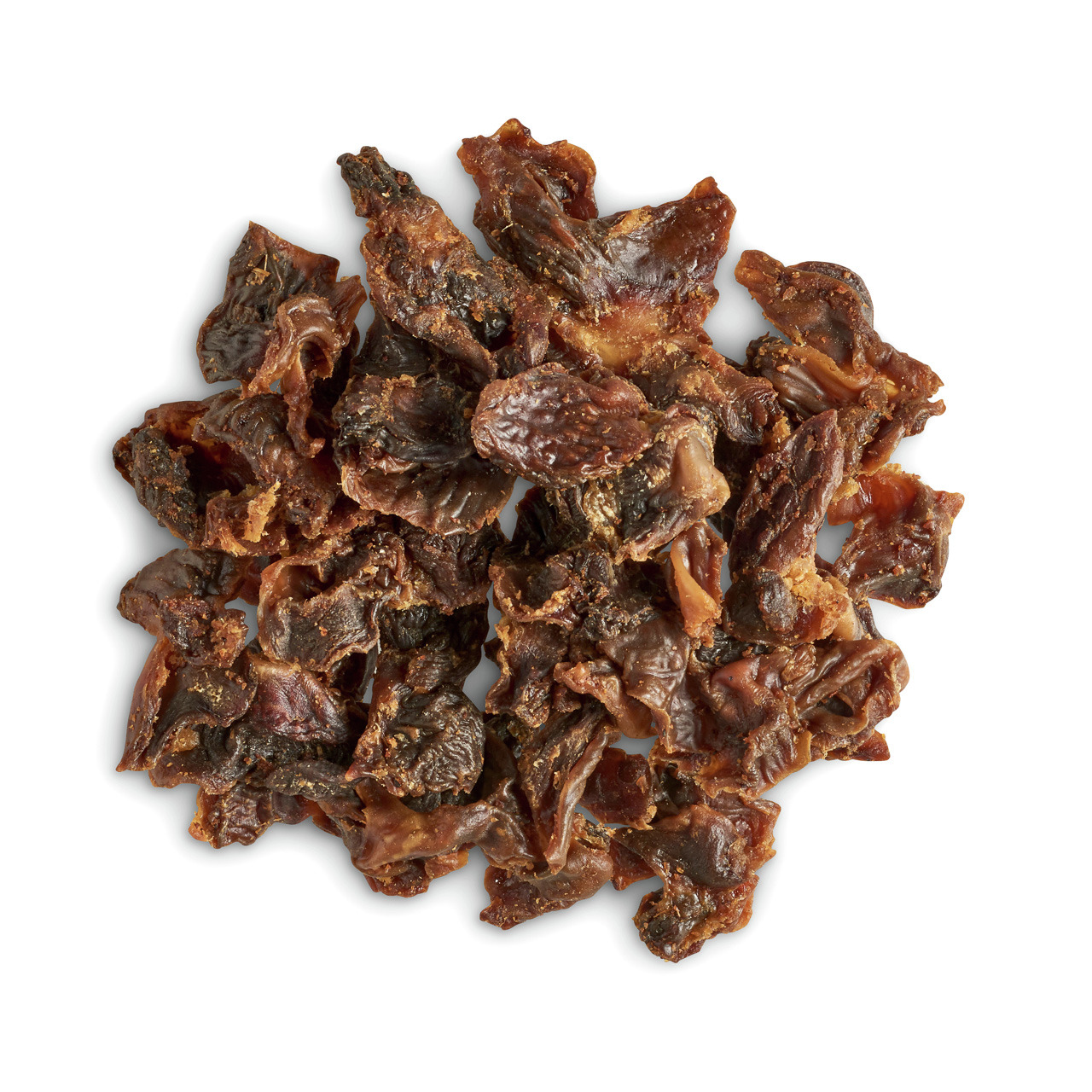 Das Bild zeigt eine Portion von LOTTIS HÄPPCHEN, einem hochwertigen Hundesnack aus getrocknetem Fleisch. Die Zielgruppe sind Hunde, und die Geschmacksrichtung ist naturbelassen. Die Stücke sind dunkelbraun, unregelmäßig geformt und wirken knusprig. Ideal 