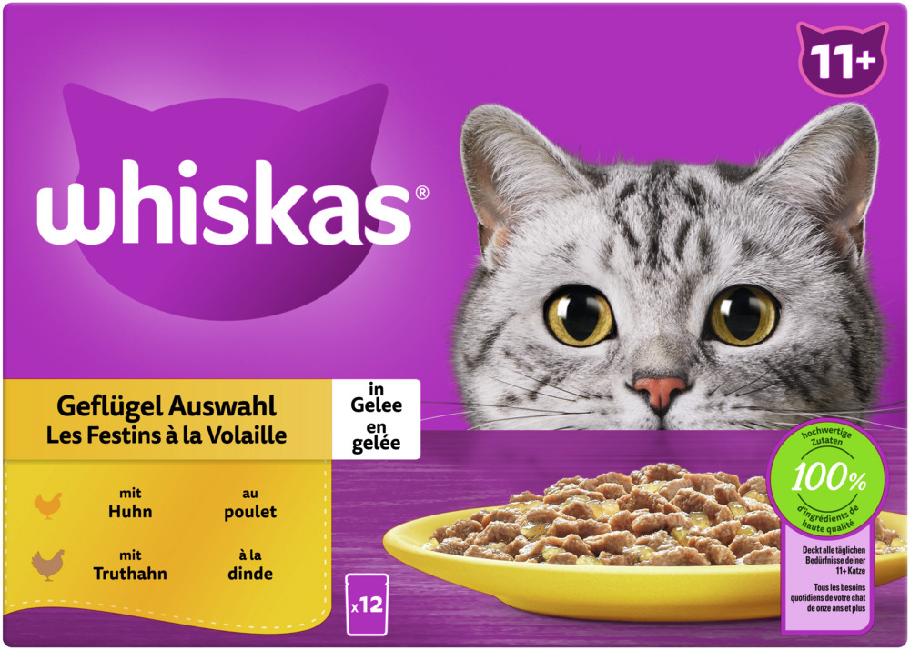 Whiskas Geflügel Auswahl in Gelee, Katzen ab 11 J., Huhn & Truthahn, 12x Portionsbeutel, 100 % hochwertige Zutaten.
