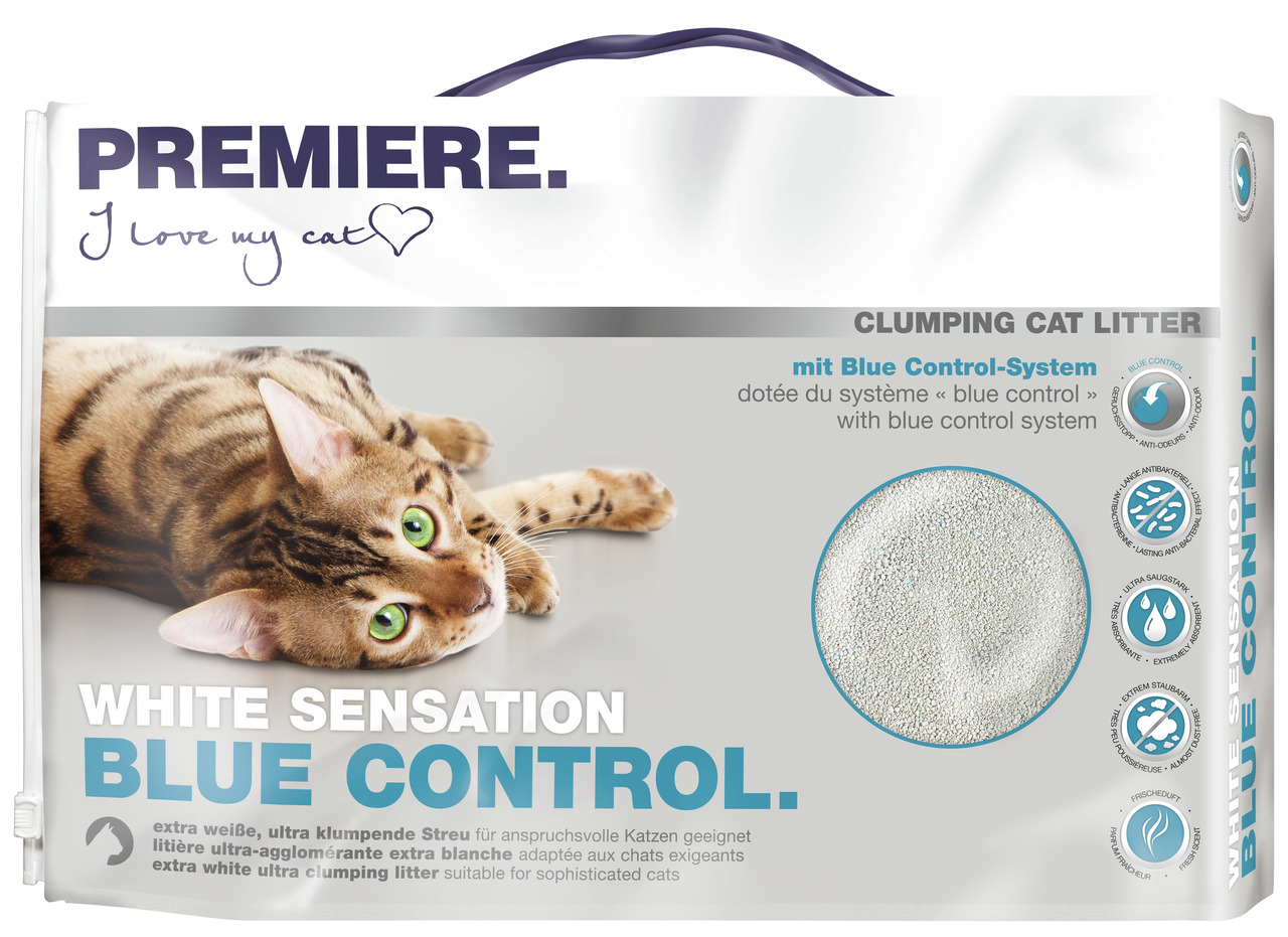 Das Bild zeigt die Verpackung der Katzenstreu „PREMIERE White Sensation Blue Control“. Die Marke PREMIERE richtet sich an Katzenbesitzer, die Wert auf hochwertige Produkte legen. Die Streu ist ultra-weiß, klumpend und mit dem „Blue Control“-System ausgest