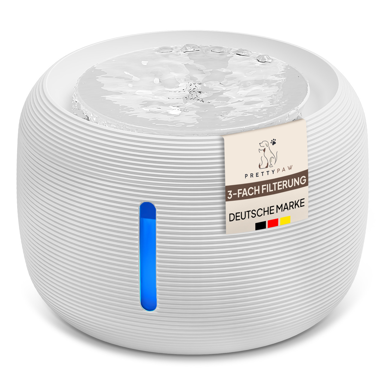 PRETTY PAW Trinkbrunnen, Haustiere (Hunde/Katzen), weiß, 3-fach Filter, modernes Design, Wasserstandsanzeiger, frisches Wasser.