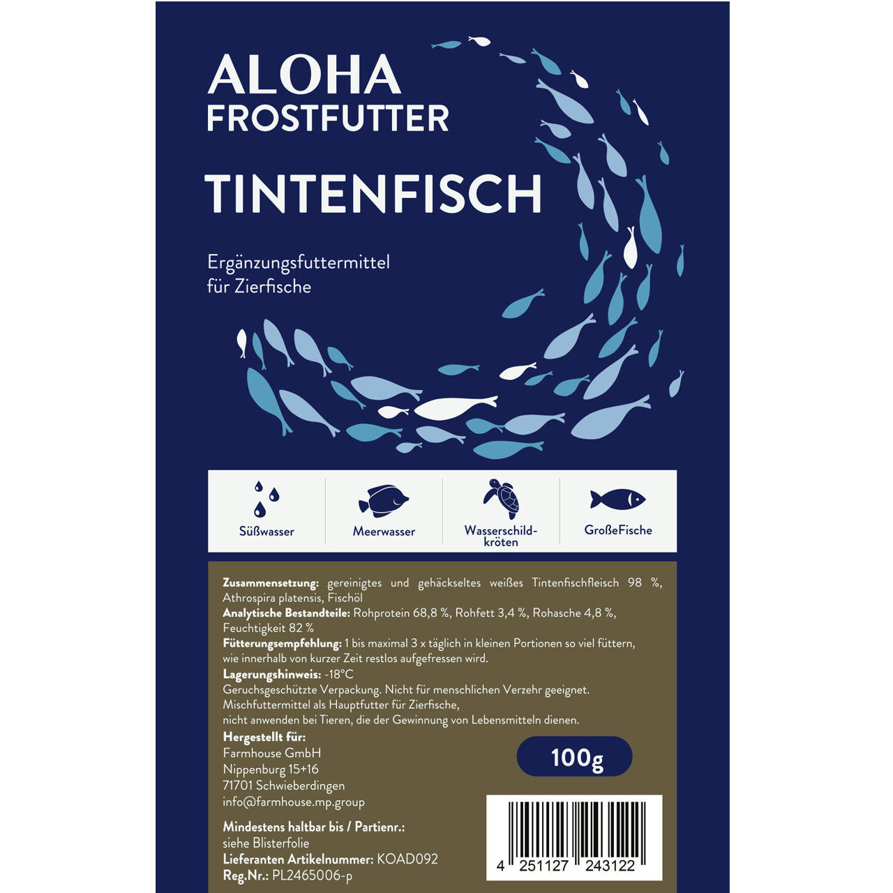 ALOHA Frostfutter Tintenfisch, Ergänzungsfutter f. Zierfische, Süß-/Meerwasserfische & Schildkröten, 100 g gehacktes Tintenfischfleisch.