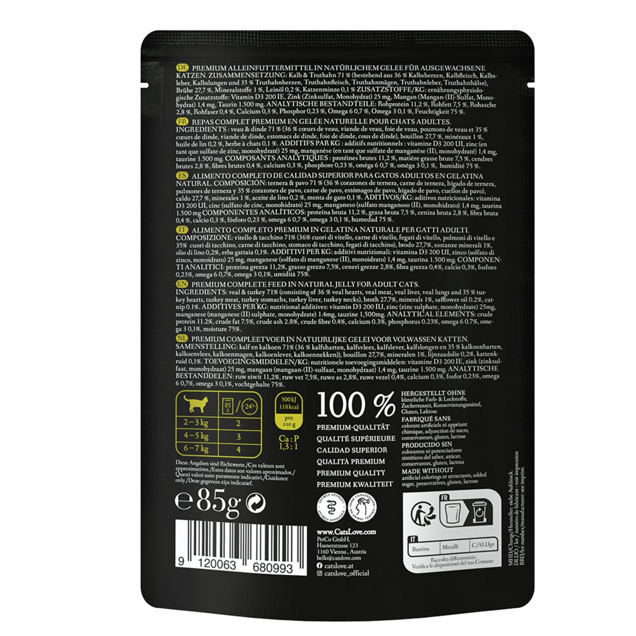 Premium Katzenfutter Cat's Love, Kalb & Truthahn, für ausgewachsene Katzen, in Gelee, 85 g, hochwertige Rezeptur mit natürlichen Zutaten.