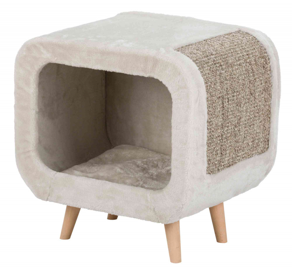 Das Bild zeigt das TRIXIE Katzenhaus „Livia“, ein modernes Möbelstück für Katzen. Es ist beige, mit weichem Plüsch bezogen und hat eine rechteckige Höhle, die als Rückzugsort dient. An der Seite befindet sich eine Kratzfläche aus Sisal. Das Haus steht auf