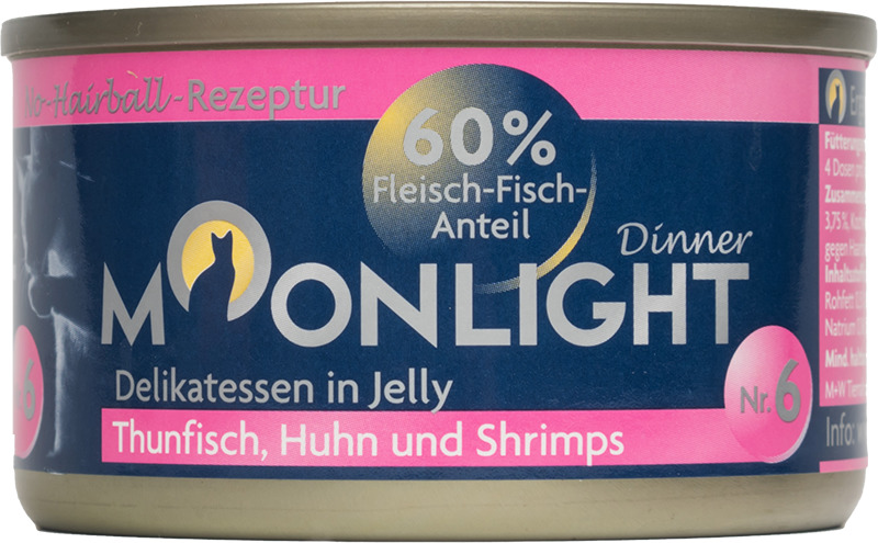 Sparpaket 48 x 80 g Moonlight Dinner Nr. 6 Thunfisch, Huhn und Shrimps in Jelly Katzen Nassfutter