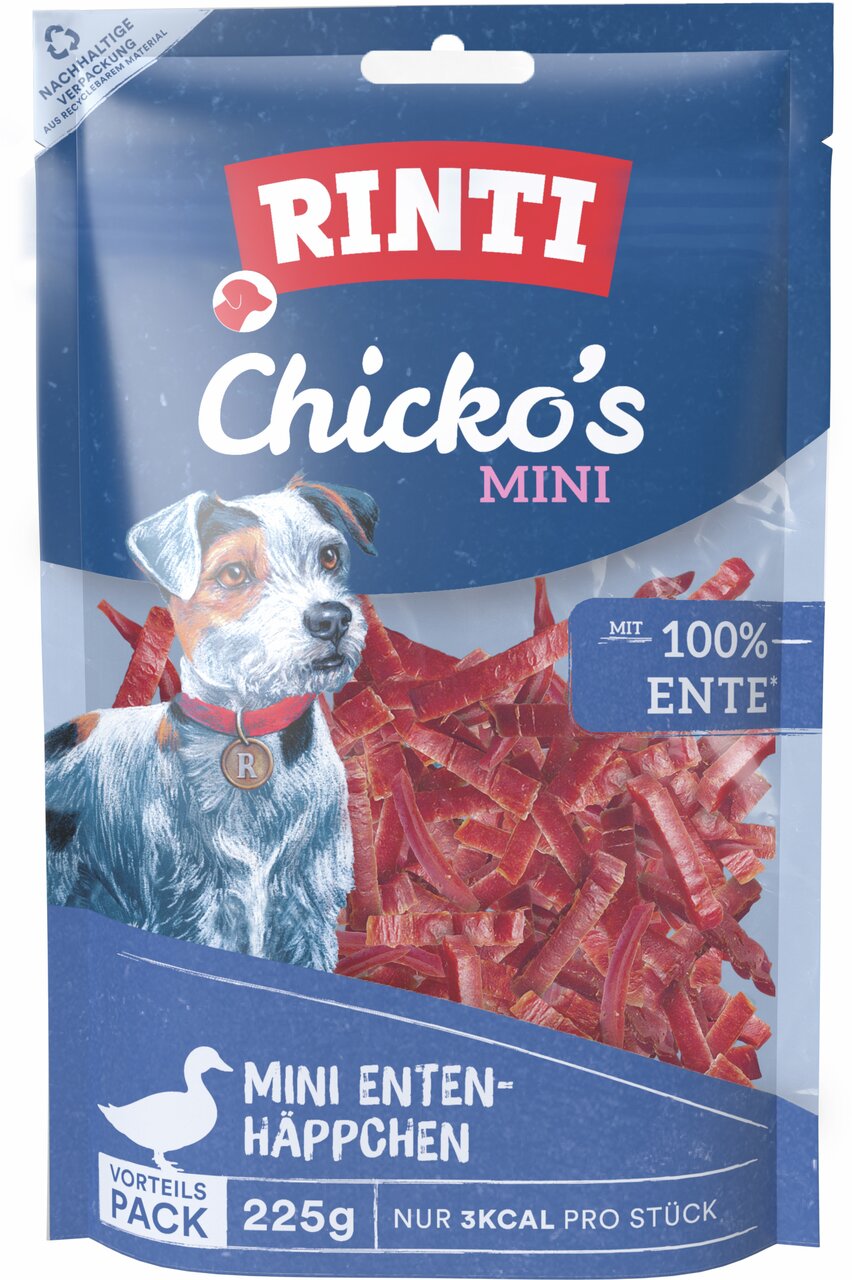 RINTI Chicko's Mini Enten-Häppchen, Hundesnack f. kl.-mittelgr. Hunde, Ente, 100 % Entenfleisch, 225 g, nur 3 kcal-Stk., nachhaltige Verpackung.