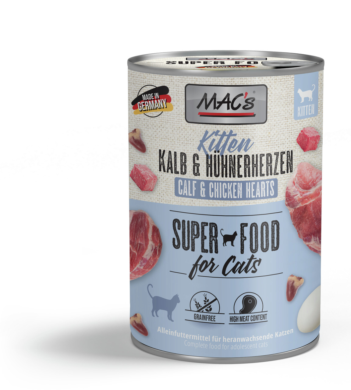 MAC's Kitten Kalb & Hühnerherzen, 400 g, für heranwachsende Katzen, getreidefrei, hoher Fleischanteil, Made in Germany.
