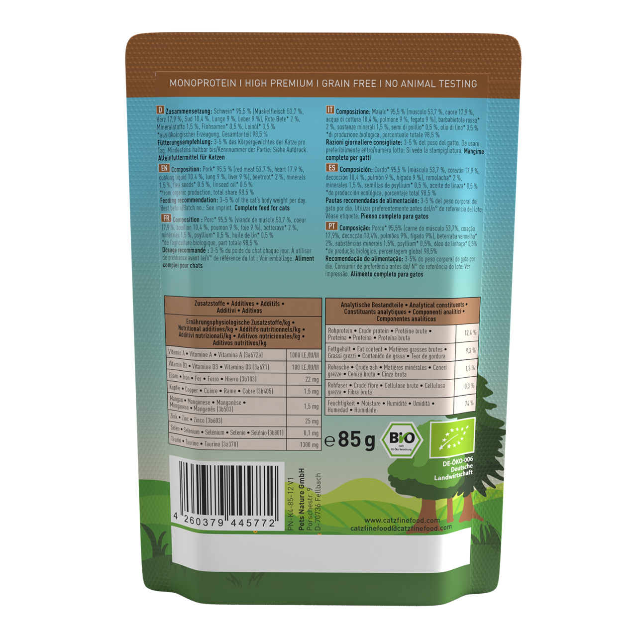 Catz finefood Bio Schwein, Nassfutter f. Katzen, Monoprotein, getreidefrei, ohne Tierversuche, bio (DE-ÖKO-006), 85 g.